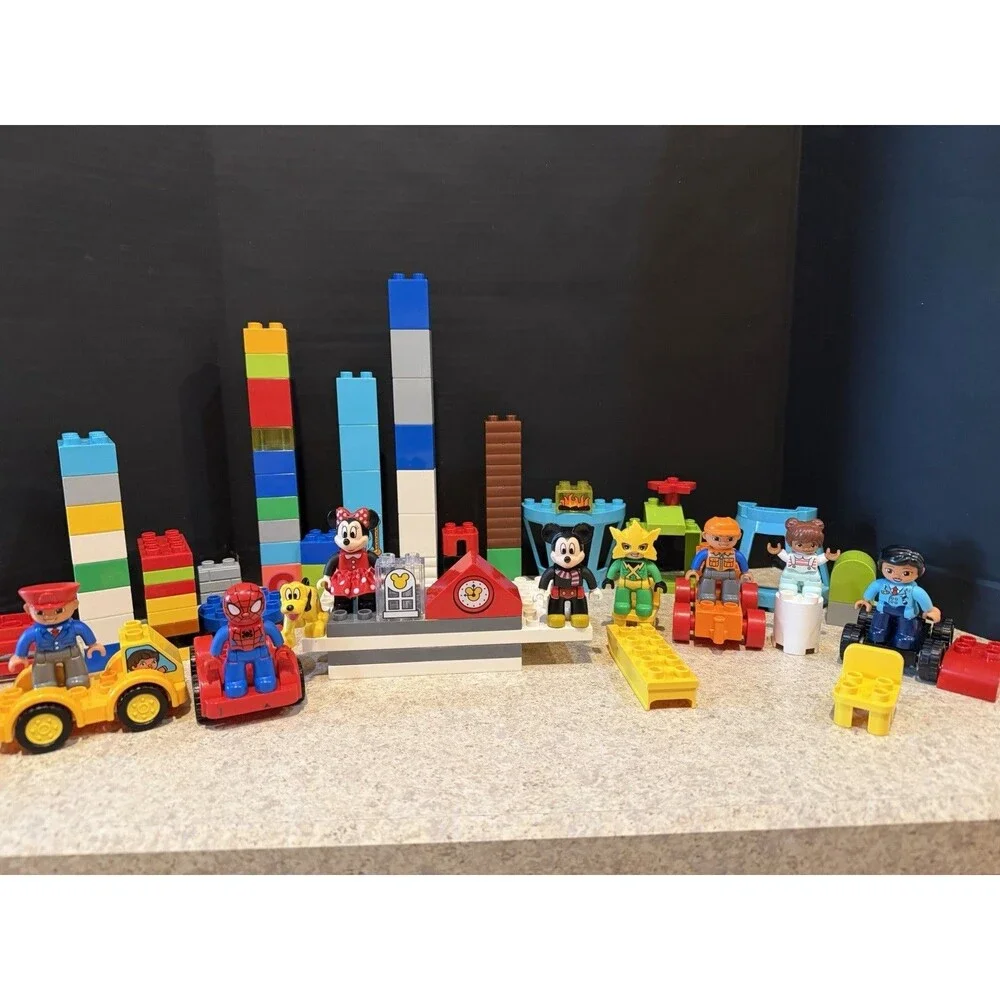 Lego Duplo Huge Lot 9 Figures Mickey Minnie Spiderman Pluto + Bricks Vehicles